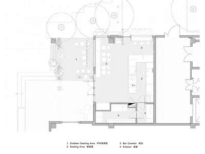 Architectural drawing of a restaurant floor plan with sections labeled for outdoor seating, seating areas, bar counter, and k