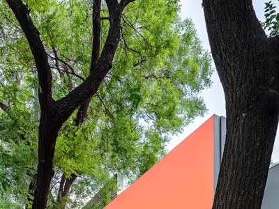 A modern restaurant storefront with an orange facade, surrounded by green trees and featuring a sleek, contemporary design.