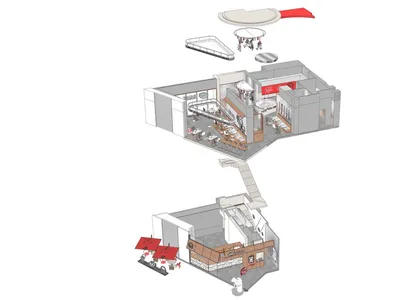 現代工業風餐廳空間，設有休息區，採用混凝土、磚牆與鋼材元素。