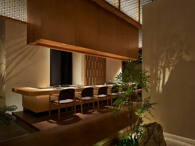 Modern restaurant interior with wooden seating, glass panels, and green plants.
