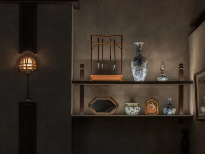 A cozy, industrial-style living room with wooden furniture, a cozy couch, and decorative items on a shelf.