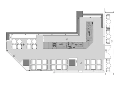 Restaurant floor plan with seating areas, kitchen, and entrances.