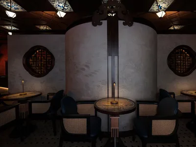 A modern restaurant interior with wooden tables and chairs, framed by elegant architecture and illuminated by soft lighting.