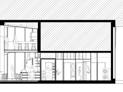 Detailed architectural section of a modern glass bar and lounge space.