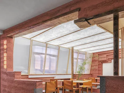 A modern restaurant interior with red concrete walls and wooden furniture.