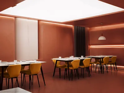 A modern restaurant interior with marble and concrete finishes.