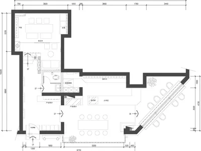 Floor plan of a coffee shop featuring a seating area, counter, and product display