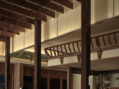 Industrial-themed restaurant interior with wooden elements and rustic ambiance
