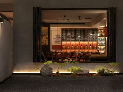 A modern restaurant interior with industrial design features.