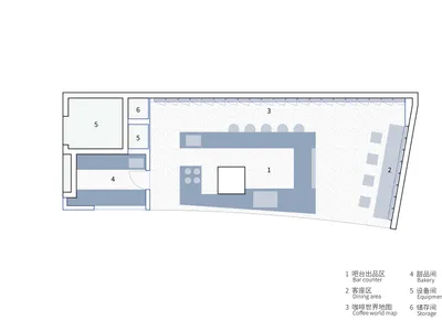 A detailed 2D architectural blueprint of a coffee shop layout.