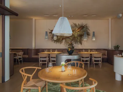 A cozy restaurant dining room with a modern design featuring wooden tables, fabric pendant lights, and green plants.