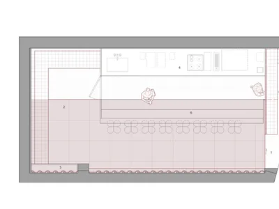 Floor plan of a coffee shop showing the main entrance, indoor and outdoor seating areas, bar, and display area.