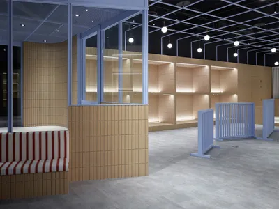 A modern cafe interior with wooden paneling and glass elements, rendered in a digital format.