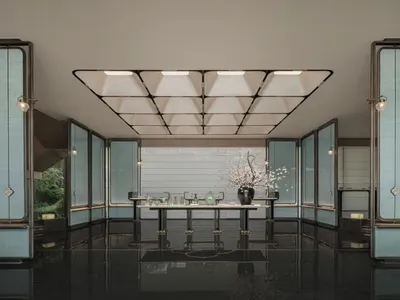Modern hotel lobby featuring glass and ceramic elements