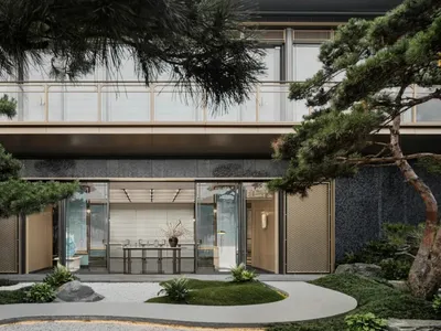 Modern minimalist entryway with metal, glass, and concrete materials