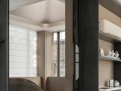 Modern hotel spa interior featuring wooden walls and concrete columns.