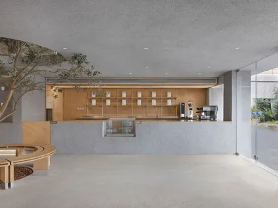 A coffee shop interior with a concrete counter and seating area featuring a small tree.