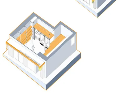 Isometric view of an industrial-inspired hotel reception area with a metal countertop and structural framework.