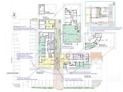 Detailed architectural plan of a hospital interior with various medical facilities and waiting areas.