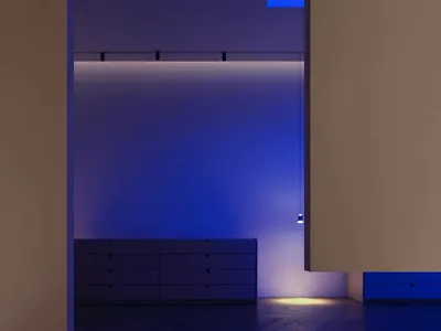 Concrete bedroom with blue lighting and modern furniture