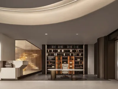 An industrial-style office lounge featuring metal, wood, and glass materials.