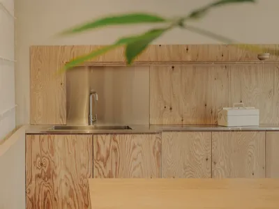 A modern kitchen featuring wooden cabinets and a stainless steel sink.
