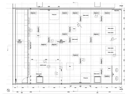 零售店內部配置展示櫃台、試衣間與鏡面。