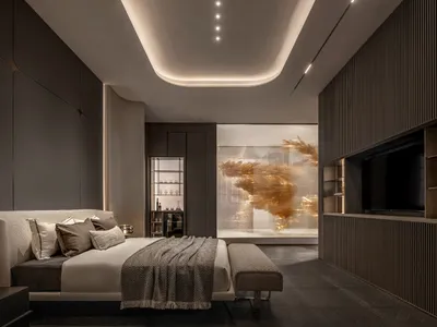 Modern minimalist bedroom featuring a glass window and wooden furniture.