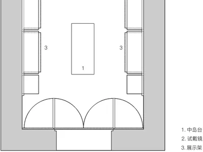 零售店的2D建築圖，展示玻璃窗與玻璃門。