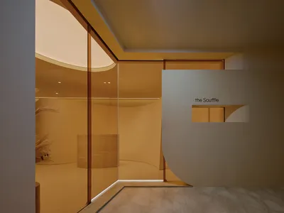 Modern minimalist restaurant featuring glass walls and interior design