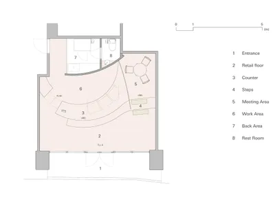 零售空間平面圖，採用混凝土與玻璃材質，設有櫃檯、階梯、會議區、工作區及後場區域