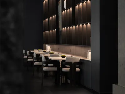 Modern restaurant interior with dark walls, illuminated shelves, and minimalist dining tables and chairs.