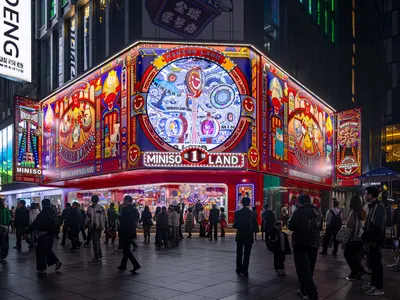 充滿活力的彩色店面，搭配發光招牌與立面上的各種設計。