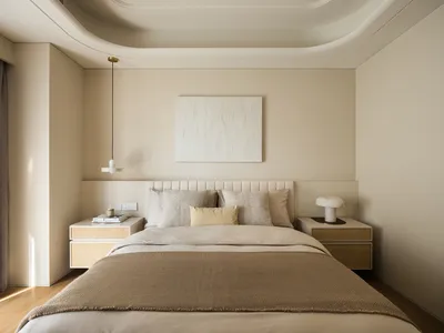 Contemporary minimalist bedroom with a beige upholstered headboard, wooden floor, and natural lighting from a window.
