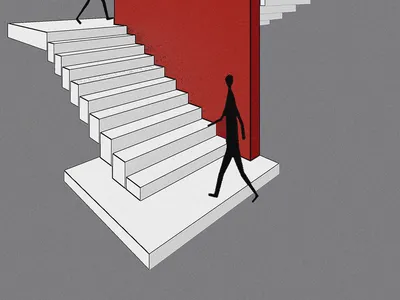A black silhouette of a person walking up a white staircase with a red door at the top, illustrated in a minimalist style.