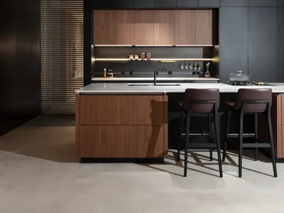 Minimalist modern kitchen featuring wooden elements and metallic finishes.