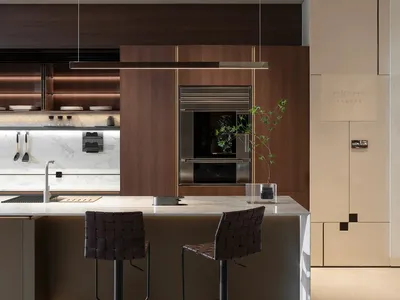 A modern kitchen interior with wooden cabinets and marble countertops.
