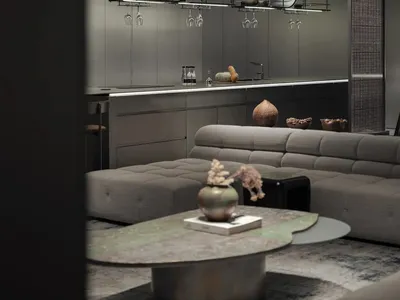 Modern minimalist kitchen featuring black metal accents and lighting