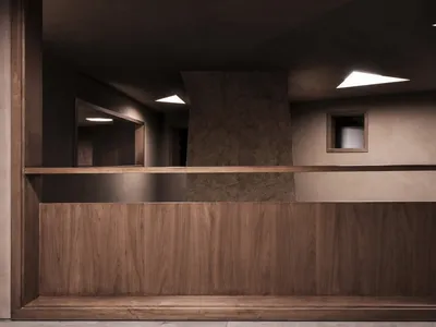 A modern hotel reception area featuring wooden shelves and a concrete fireplace.