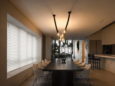 現代餐廚空間，採用木質與混凝土材質。