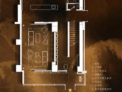 Floor plan of a hospitality design featuring stone material.