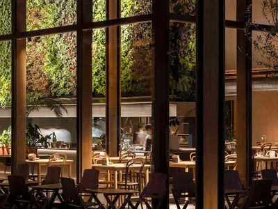 Industrial restaurant interior with wooden tables, chairs, and glass walls displaying greenery