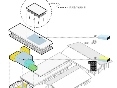 Isometric architectural drawing of a modern restaurant with a glass rooftop.