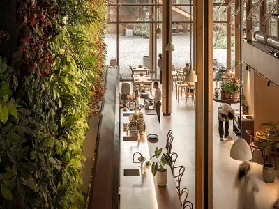 現代工業風餐廳室內，綠意植生牆、木質天花板橫樑，以及可引入自然光的玻璃窗。