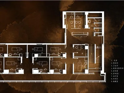 A hotel lobby with a spacious design featuring concrete, stone, and wood materials.