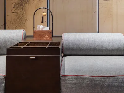 A cozy living room featuring a comfortable couch with a wooden coffee table and a decorative tissue box.