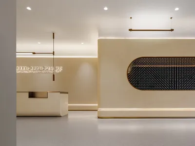 A minimalist design featuring modern concrete and brass elements in a hospitality setting.