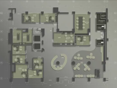 2D architectural floor plan of a hospitality design project with multiple rooms and functional areas.
