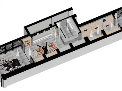 An interior design rendering of a retail store with concrete walls and wooden accents.