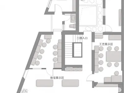 Craft showroom layout showcasing mixed materials and furniture.
